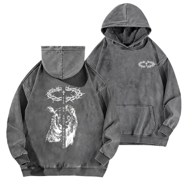 Christianartworkshop Crown Of Thorns Cross Graphic Beige Washed Hoodie - Grey - 5XL - image 6