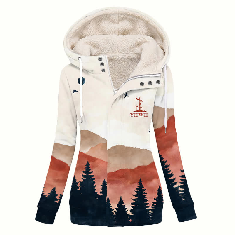 Christianartworkshop Beige Mountain Sunset Sherpa Hooded Women's Fleece Coat - US16,UK/AU20,EU48(4XL) - image 0
