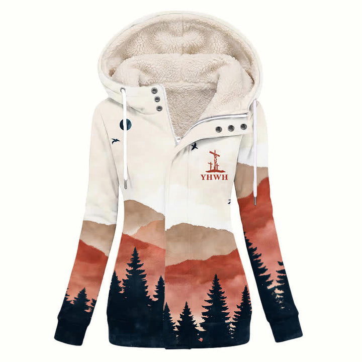 Christianartworkshop Beige Mountain Sunset Sherpa Hooded Women's Fleece Coat - US16,UK/AU20,EU48(4XL) - image 0