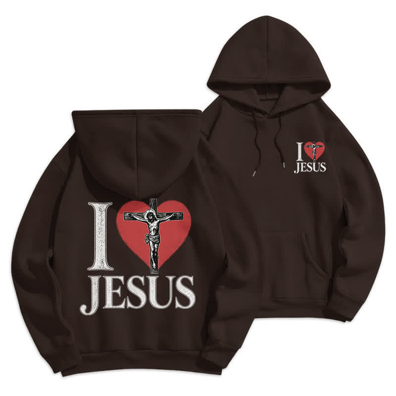 Christianartworkshop I Love Jesus Heart Cross Fleece Lined Hoodie - Brown - 2XL - image 6