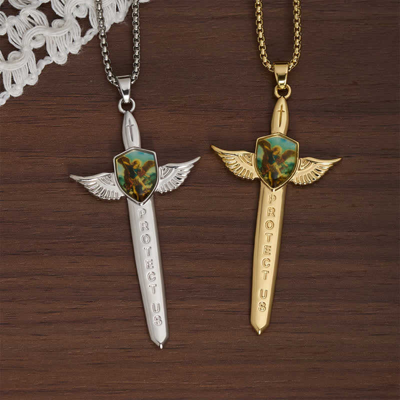 Christianartworkshop Uplifting Double-Face St. Michael Wing Sword Cross Necklace - image 1