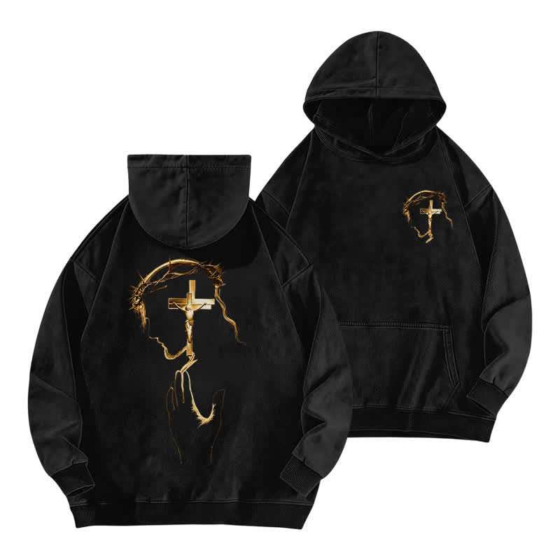 Christianartworkshop Crown Of Thorns Gold Graphic Vintage Black Washed Hoodie - Black - 5XL - image 0