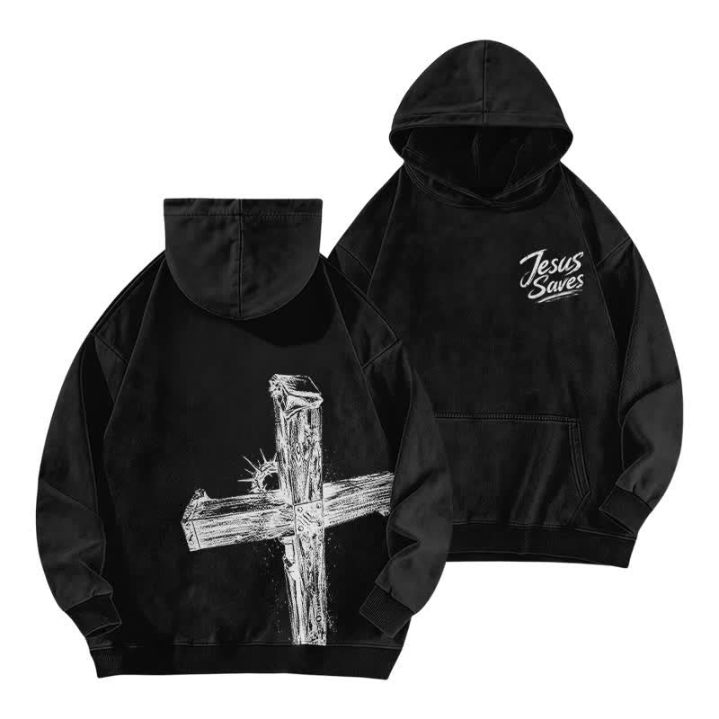 Christianartworkshop Jesus Saves Vintage Cross Black Washed Hoodie - Black - 5XL - image 0