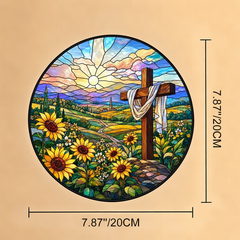 Christianartworkshop Sunrise Sunflower Cross Round Glass Suncatcher: Token of Gentle Divine Renewal - 7.87''*7.87''*0.14''/20*20*0.35cm - image 9