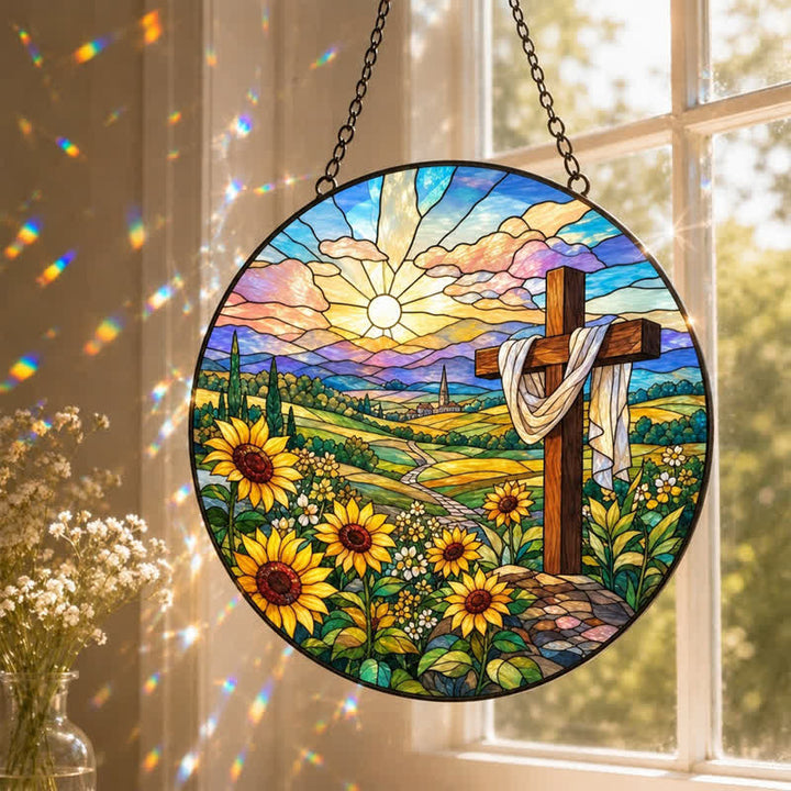 Christianartworkshop Sunrise Sunflower Cross Round Glass Suncatcher: Token of Gentle Divine Renewal - image 0