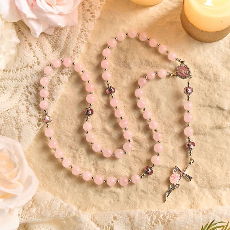 Christianartworkshop Blush Rose Quartz Rosary With Our Lady Medallion & Rose Cross: Token of Tender Divine Love - Pink Quartz Rose Rosary - image 0