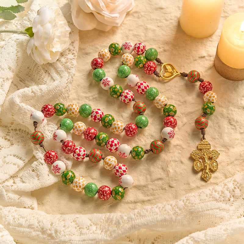 Christianartworkshop Festive Christmas Wooden Bead Rosary With Holy Spirit Medal & Golden Crucifix - image 6