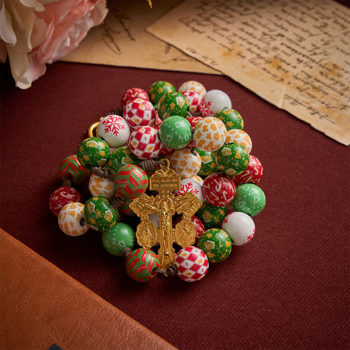 Christianartworkshop Festive Christmas Wooden Bead Rosary With Holy Spirit Medal & Golden Crucifix - image 4