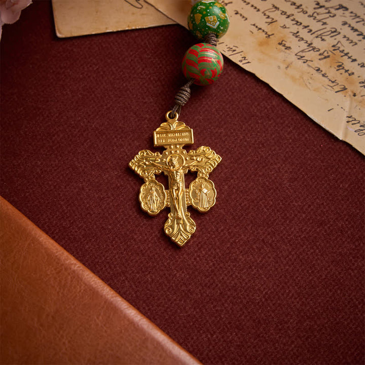 Christianartworkshop Festive Christmas Wooden Bead Rosary With Holy Spirit Medal & Golden Crucifix - image 9