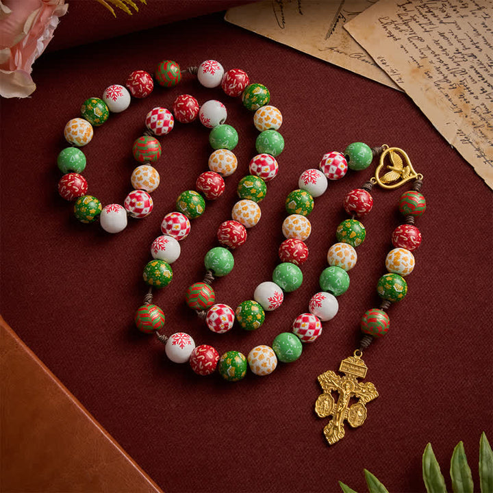 Christianartworkshop Festive Christmas Wooden Bead Rosary With Holy Spirit Medal & Golden Crucifix - image 3