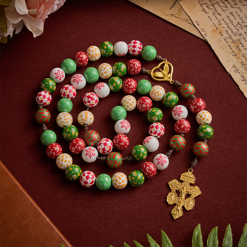 Christianartworkshop Festive Christmas Wooden Bead Rosary With Holy Spirit Medal & Golden Crucifix - image 2