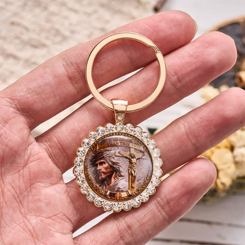 Christianartworkshop Vintage Portrait Jesus Crucifix Alloy Keychain: Sign of Gentle Heavenly Peace - image 1