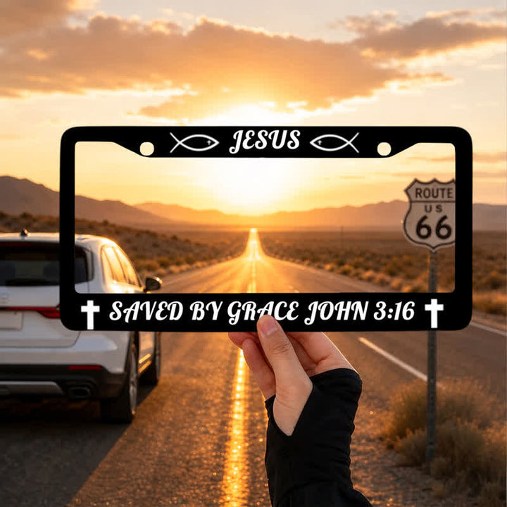 Christianartworkshop Sacred Ichthys & Cross Scripture Metal Car Frame: Witness of Graceful Salvation - image 1