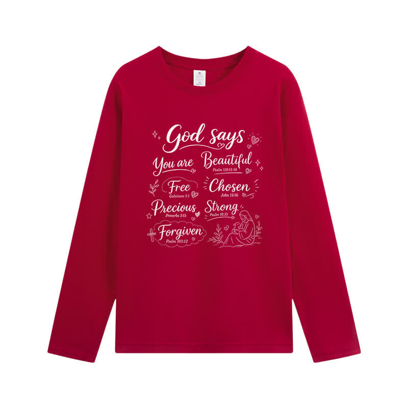 Christianartworkshop God Says You Are Beautiful Graphic Long Sleeve T-Shirt - Wine - 4XL - image 5