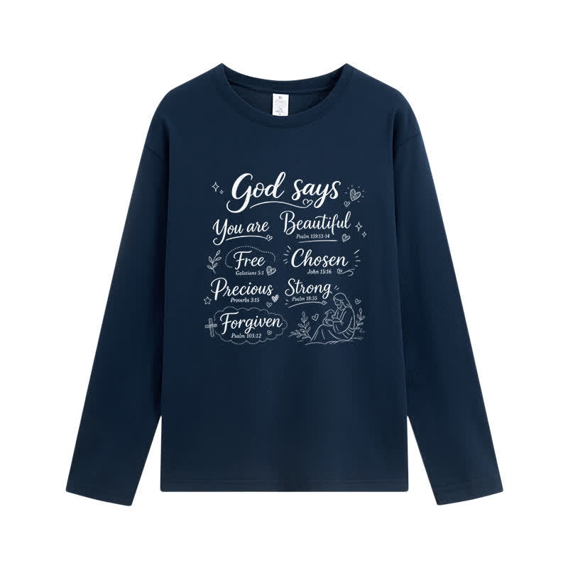 Christianartworkshop God Says You Are Beautiful Graphic Long Sleeve T-Shirt - Navy Blue - 4XL - image 8