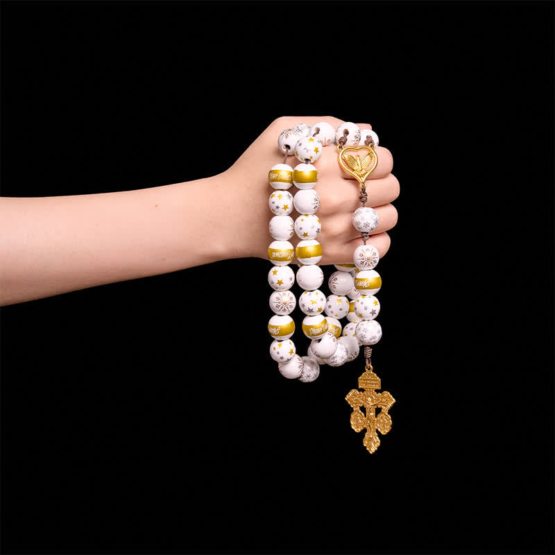 Christianartworkshop White & Golden Snowflake & Star Wooden Bead Rosary with Holy Spirit Heart Medal & Golden Crucifix - image 1