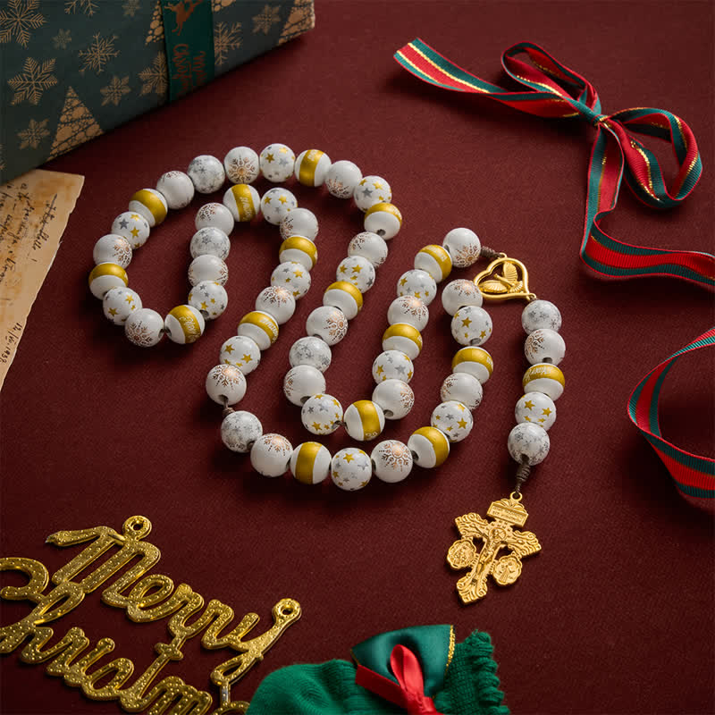 Christianartworkshop White & Golden Snowflake & Star Wooden Bead Rosary with Holy Spirit Heart Medal & Golden Crucifix - Christmas-Themed Rosary - image 0