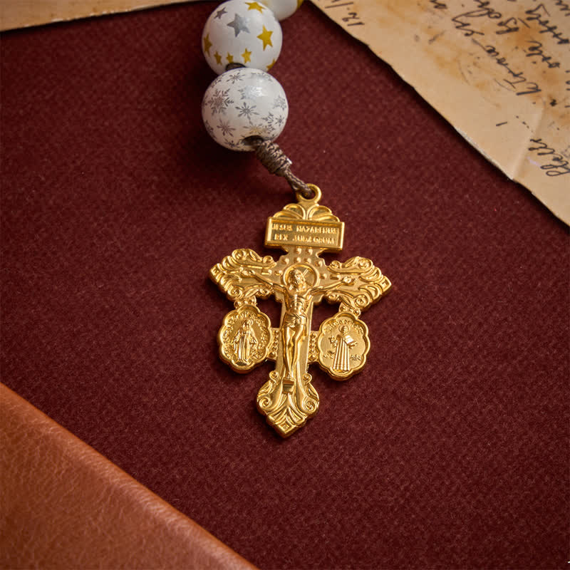 Christianartworkshop White & Golden Snowflake & Star Wooden Bead Rosary with Holy Spirit Heart Medal & Golden Crucifix - image 9