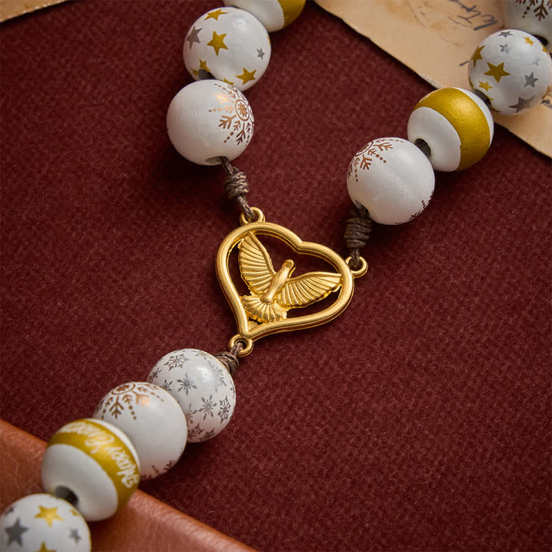 Christianartworkshop White & Golden Snowflake & Star Wooden Bead Rosary with Holy Spirit Heart Medal & Golden Crucifix - image 8