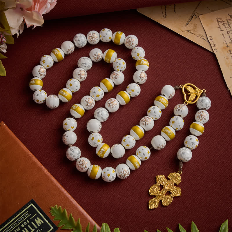 Christianartworkshop White & Golden Snowflake & Star Wooden Bead Rosary with Holy Spirit Heart Medal & Golden Crucifix - image 3