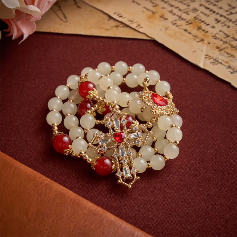 Christianartworkshop Cream Glass Bead Rosary with Ruby Red Accent Beads & Sacred Heart Medal & Jeweled Crucifix - image 5