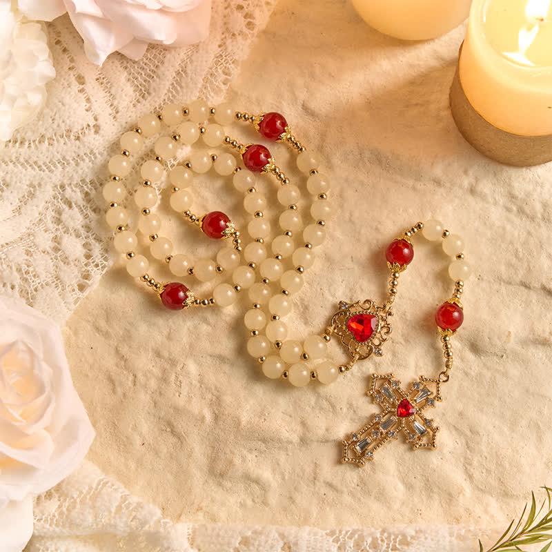Christianartworkshop Cream Glass Bead Rosary with Ruby Red Accent Beads & Sacred Heart Medal & Jeweled Crucifix - image 3