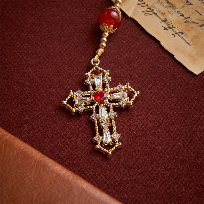 Christianartworkshop Cream Glass Bead Rosary with Ruby Red Accent Beads & Sacred Heart Medal & Jeweled Crucifix - image 8