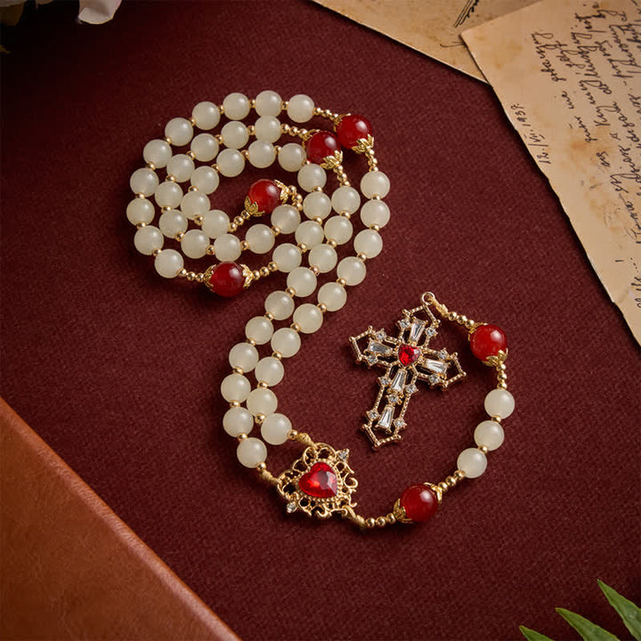 Christianartworkshop Cream Glass Bead Rosary with Ruby Red Accent Beads & Sacred Heart Medal & Jeweled Crucifix - image 2