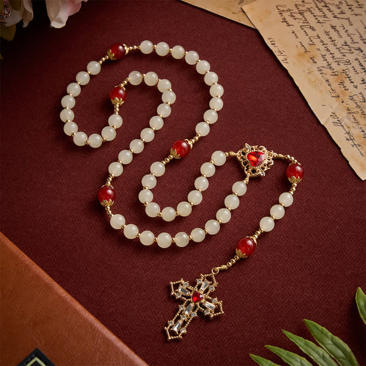 Christianartworkshop Cream Glass Bead Rosary with Ruby Red Accent Beads & Sacred Heart Medal & Jeweled Crucifix - image 4