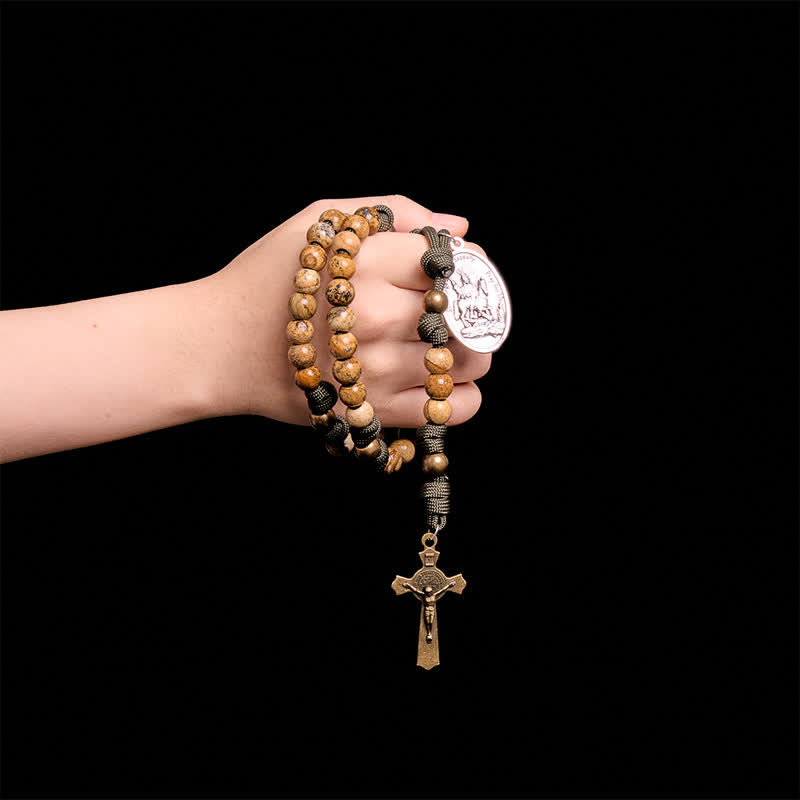 Christianartworkshop Earthy Picture Stone Paracord Rosary With St. George Medal & Antique Crucifix - St.George & St.Christopher Medal Rosary - image 0