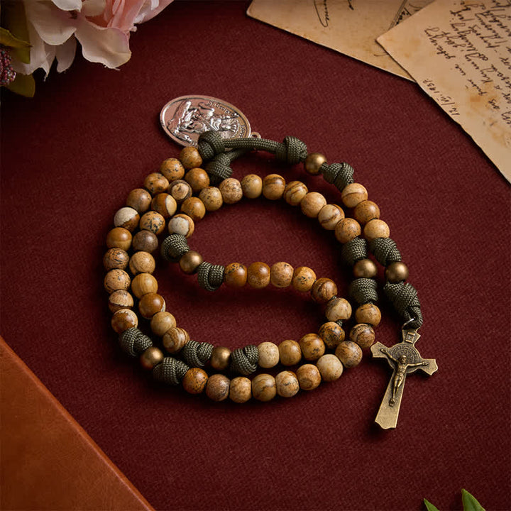 Christianartworkshop Earthy Picture Stone Paracord Rosary With St. George Medal & Antique Crucifix - image 2