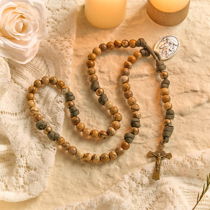 Christianartworkshop Earthy Picture Stone Paracord Rosary With St. George Medal & Antique Crucifix - image 3