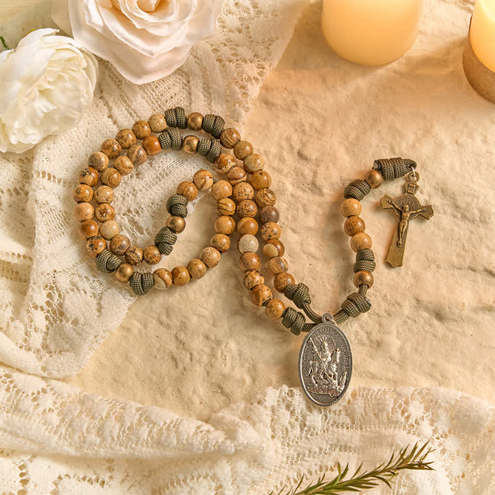 Christianartworkshop Earthy Picture Stone Paracord Rosary With St. George Medal & Antique Crucifix - image 4