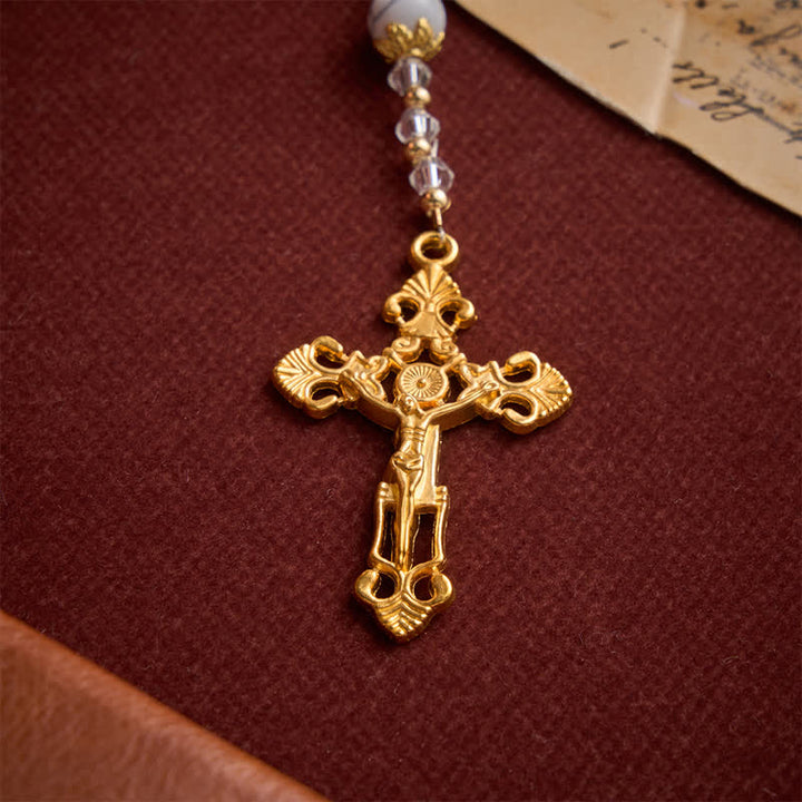 Christianartworkshop White Veined Howlite Stone Rosary With Our Lady Medal & Golden Crucifix - image 8