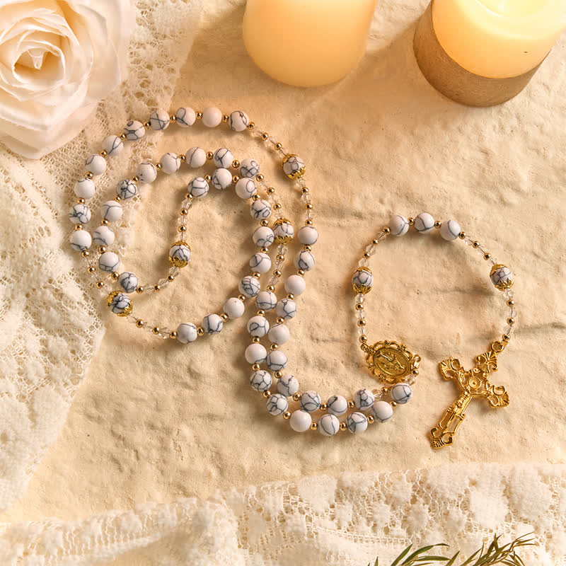 Christianartworkshop White Veined Howlite Stone Rosary With Our Lady Medal & Golden Crucifix - image 3