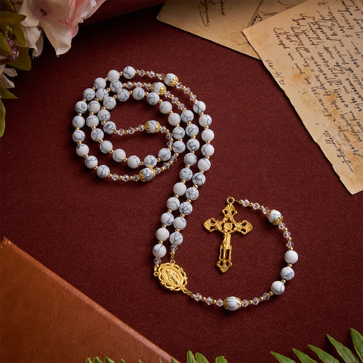 Christianartworkshop White Veined Howlite Stone Rosary With Our Lady Medal & Golden Crucifix - image 5