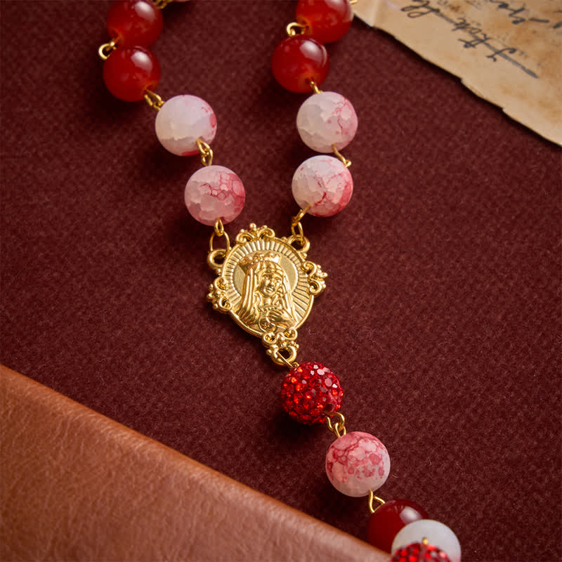 Christianartworkshop Festive Red & Frosted Crackle Glass Rosary With Our Lady Medal & Red Crucifix - image 8