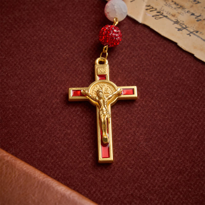 Christianartworkshop Festive Red & Frosted Crackle Glass Rosary With Our Lady Medal & Red Crucifix - image 9