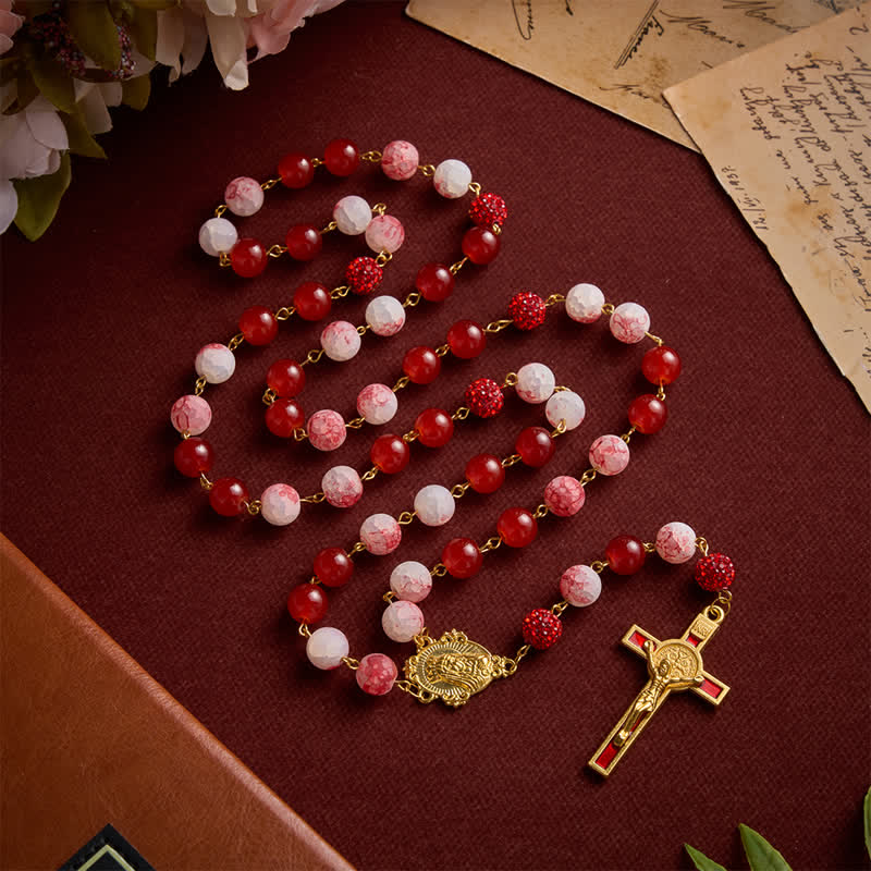 Christianartworkshop Festive Red & Frosted Crackle Glass Rosary With Our Lady Medal & Red Crucifix - image 2