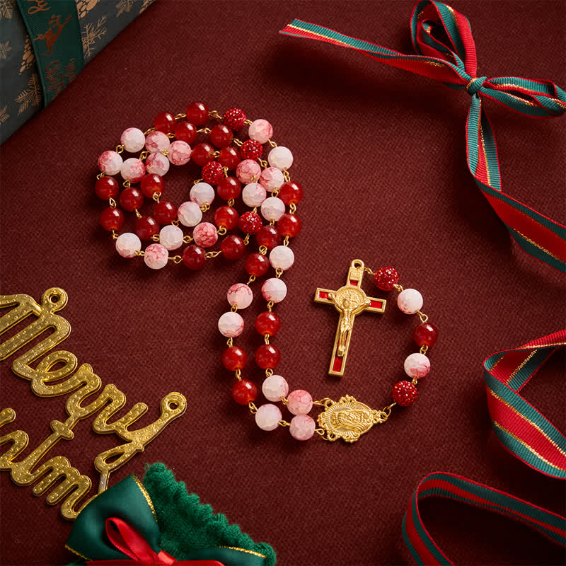 Christianartworkshop Festive Red & Frosted Crackle Glass Rosary With Our Lady Medal & Red Crucifix - Festive Red Rosary - image 0