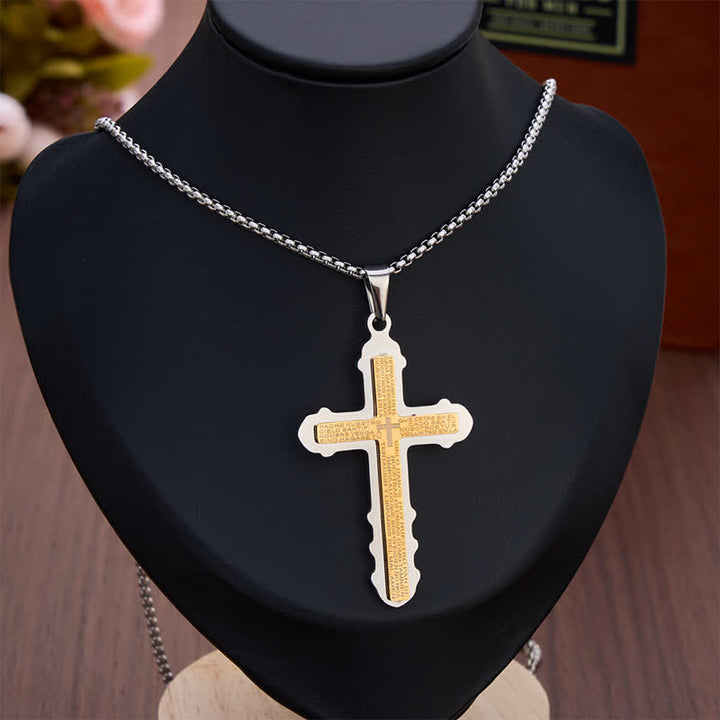 Christianartworkshop Curved Edge Prayer Verse Cross Necklace: Sacred Chest Marker of Heavenly Grace - Golden & Silver - Cuban Link Chain - image 1