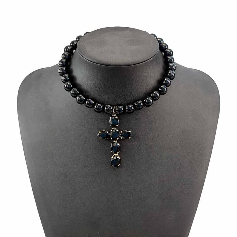 Christianartworkshop Rounded Plastic Bead Jeweled Cross Necklace: Marker for Quiet Meditation - Black - image 9