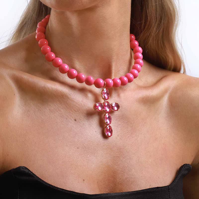Christianartworkshop Rounded Plastic Bead Jeweled Cross Necklace: Marker for Quiet Meditation - image 2
