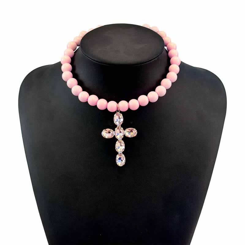 Christianartworkshop Rounded Plastic Bead Jeweled Cross Necklace: Marker for Quiet Meditation - Pink - image 15