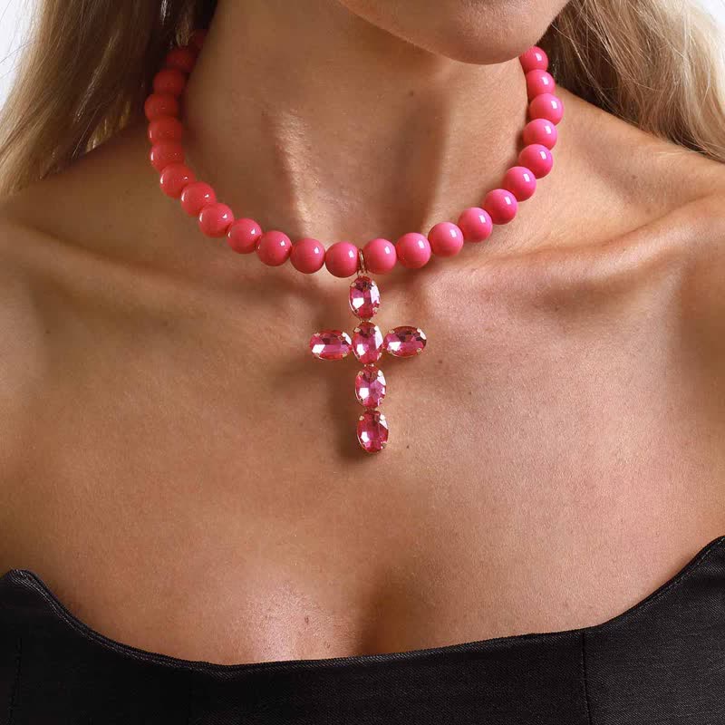 Christianartworkshop Rounded Plastic Bead Jeweled Cross Necklace: Marker for Quiet Meditation - image 1