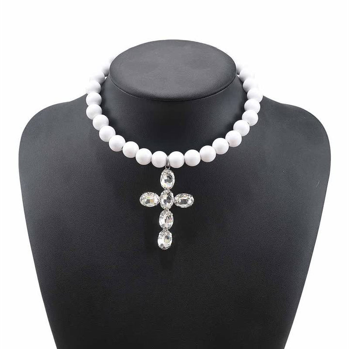 Christianartworkshop Rounded Plastic Bead Jeweled Cross Necklace: Marker for Quiet Meditation - White - image 12