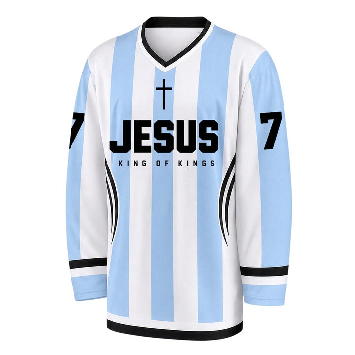 Christianartworkshop Jesus King Of Kings Striped Long Sleeve Hockey Jersey - image 6
