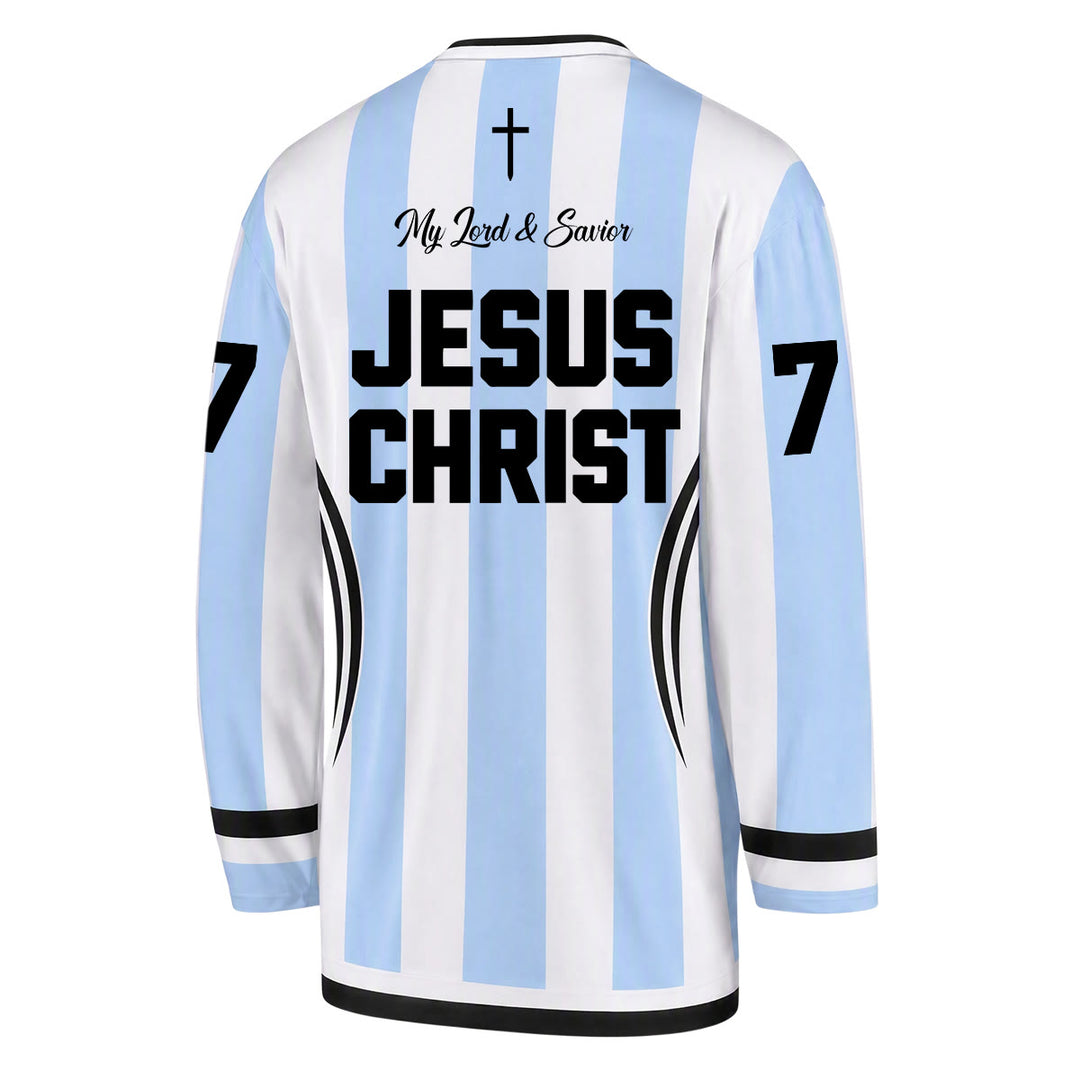 Christianartworkshop Jesus King Of Kings Striped Long Sleeve Hockey Jersey - image 5