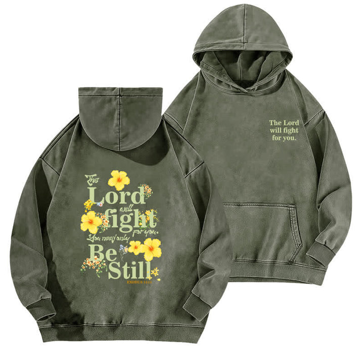 Christianartworkshop Be Still Floral Front And Back Washed Hoodie - Army Green - 5XL - image 9