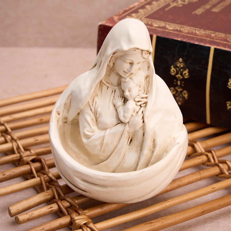 Christianartworkshop Hand-Carved Texture Our Lady Holding Child Holy Water Font - image 1